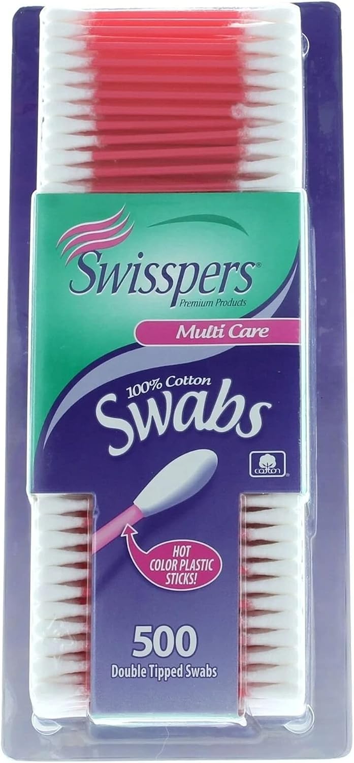 Swisspers Hot Color Cotton Swabs, 100% Cotton, Color Plastic Sticks, 500 per Pack (Color May Vary) - 2 Pack
