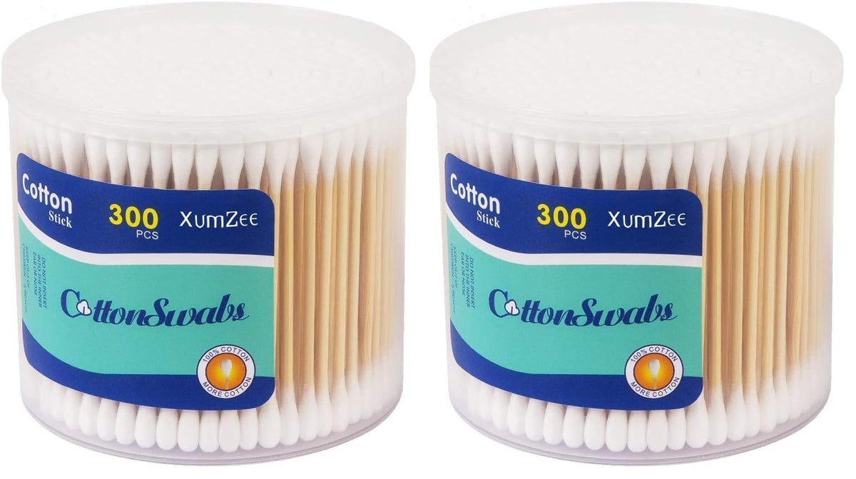 300ct Cotton Swabs with Strong Bamboo Sticks by Xumzee: 100% Pure Natural Cotton,Biodegradable, Chemical Free Cotton Buds