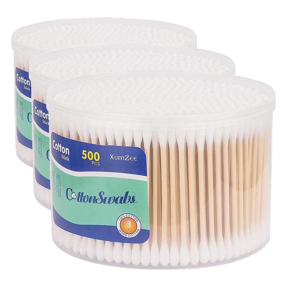 300ct Cotton Swabs with Strong Bamboo Sticks by Xumzee: 100% Pure Natural Cotton,Biodegradable, Chemical Free Cotton Buds
