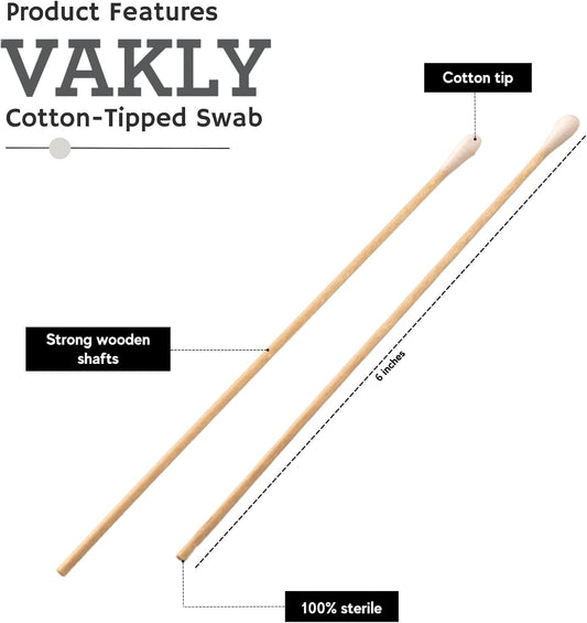 Vakly Sterile Cotton Tipped Applicators 6 in, Long Wooden Handle, 200 Pack