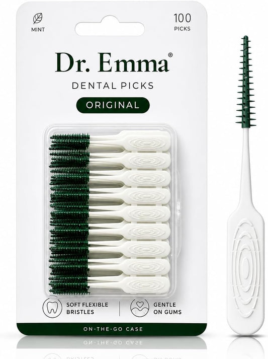 Dr. Emma Original Dental Picks Mint Soft Rubberized Tooth Picks Easy to Use Brush Picks 100Ct/Pack, 1 Pack(100Ct)