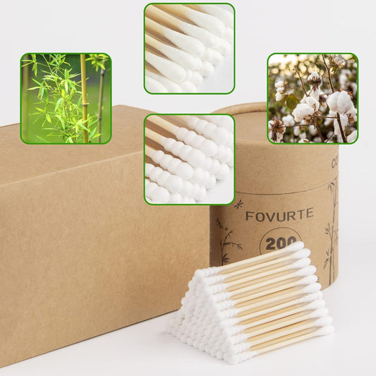 Bamboo Cotton Swabs 400 Count - Spiral&Round Double Tips Cotton Swabs, Organic Wooden Cotton Buds for Ears, Natural Bamboo Ear Wax Removal Sticks for Cleaning, Makeup, Travel