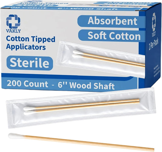 Vakly Sterile Cotton Tipped Applicators 6 in, Long Wooden Handle, 200 Pack