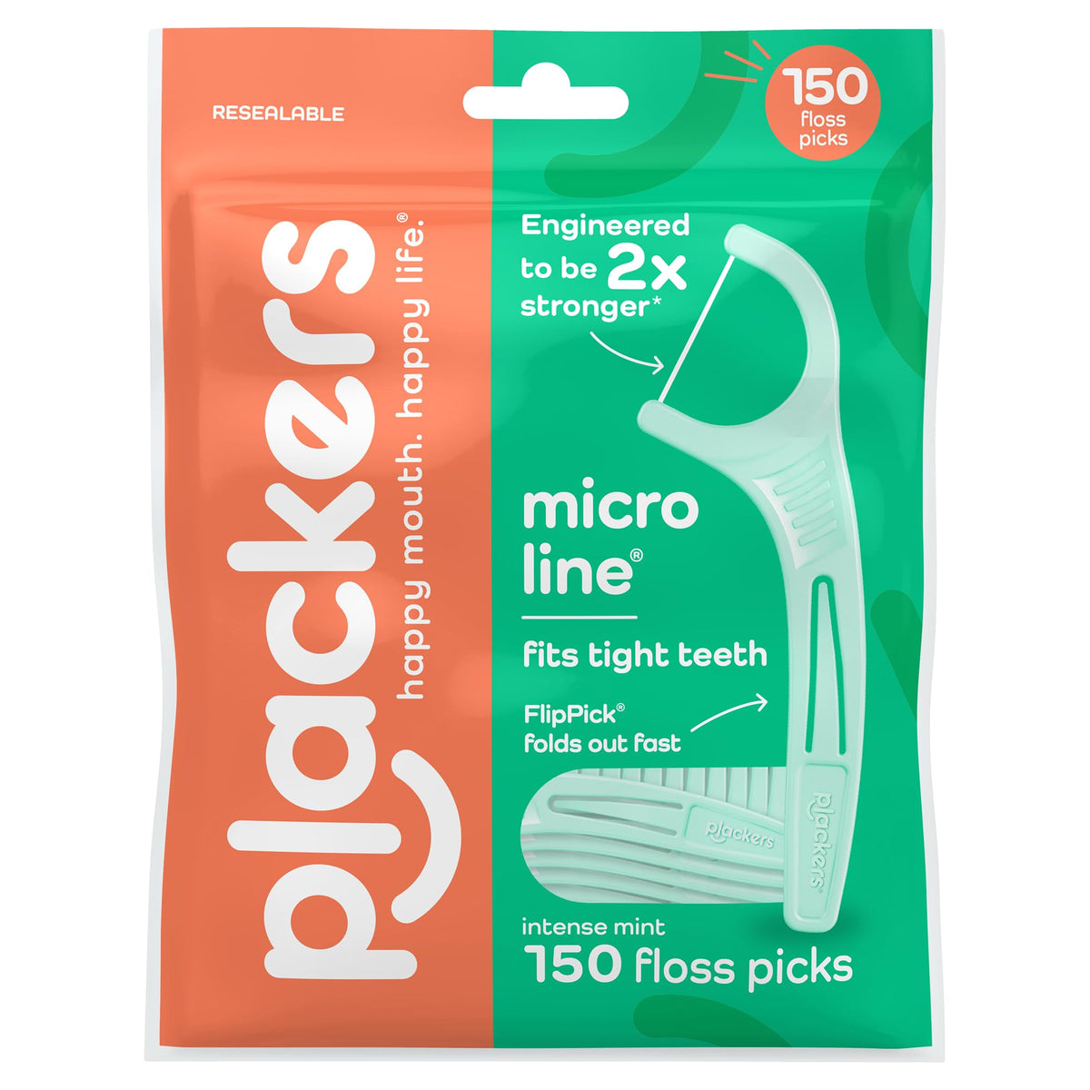 Plackers Micro Line Floss Picks, Fresh Mint, 150 Count, Pack of 4