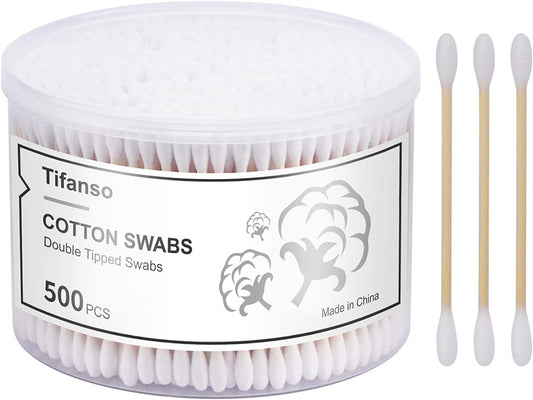 tifanso 500 Count Natural Wooden Double Round Cotton Swabs for Ear Care