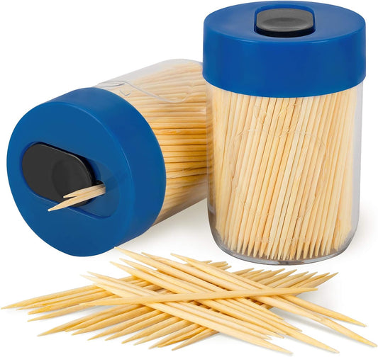 Urbanstrive Sturdy Safe Toothpick Holder with Natural Wood Toothpicks for Teeth Cleaning, Unique Home Design Decoration, Unusual Gift (2, Blue)