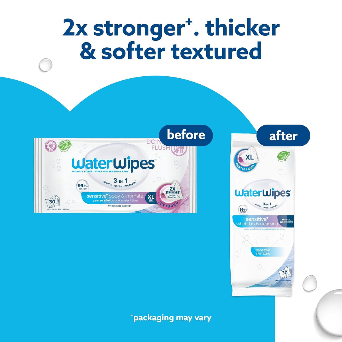 WaterWipes Sensitive Whole Body Cleansing Wipes, 99.9% Purified Water, XL Textured Wipes, Incontinence Care, Fragrance Free, 180 Count