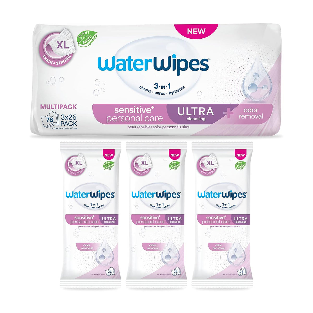 WaterWipes Sensitive Personal Care Ultra, Incontinence Wipes, Odor Removal, Heavy Duty XL Textured Wipes, Fragrance Free, 78 Count (3 Packs)