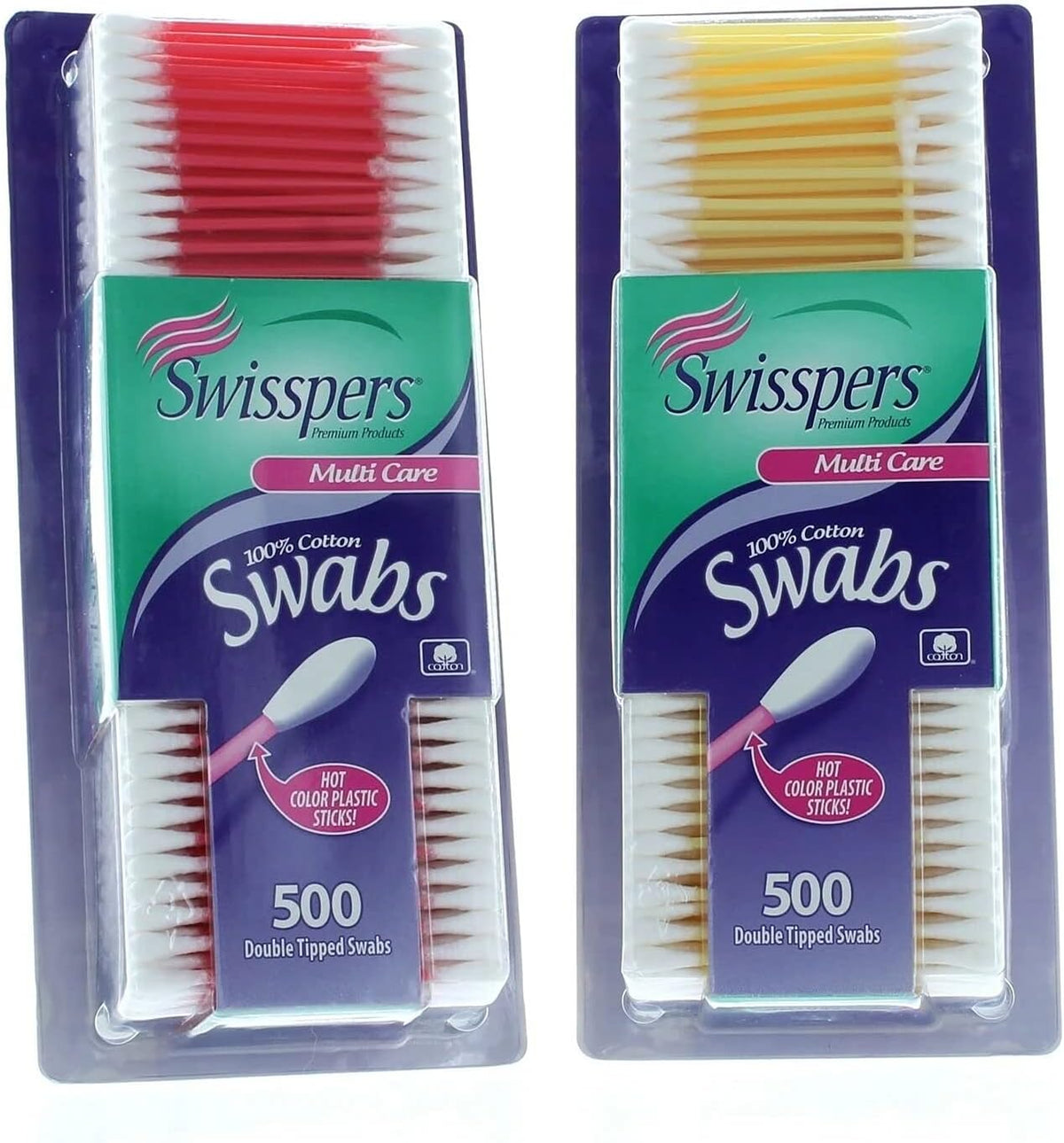 Swisspers Hot Color Cotton Swabs, 100% Cotton, Color Plastic Sticks, 500 per Pack (Color May Vary) - 2 Pack