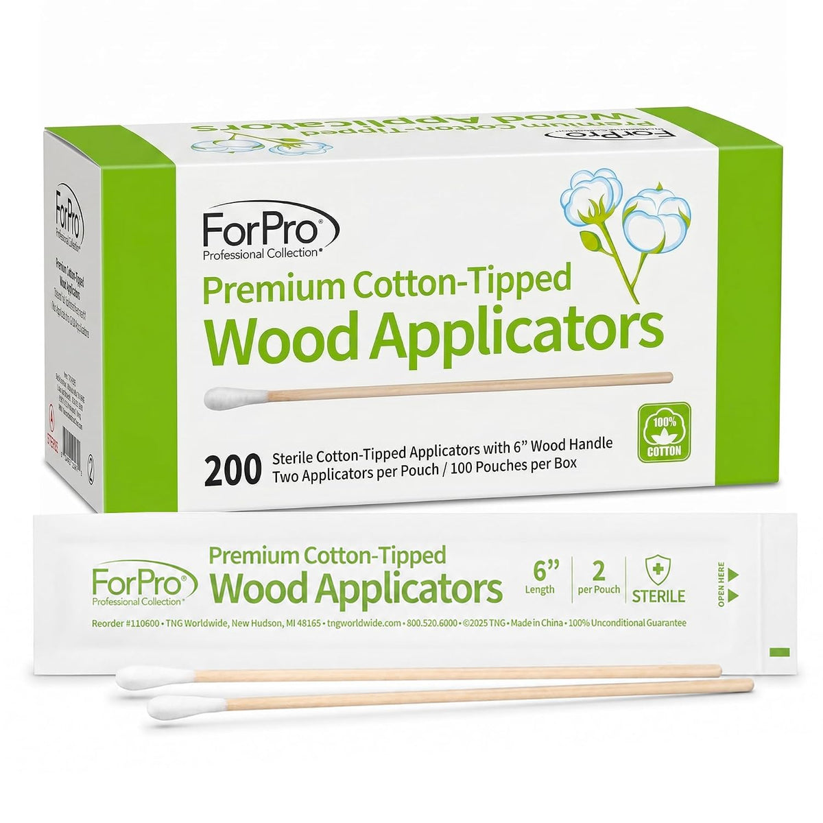 ForPro Premium Cotton-Tipped Wood Applicators, 200ct