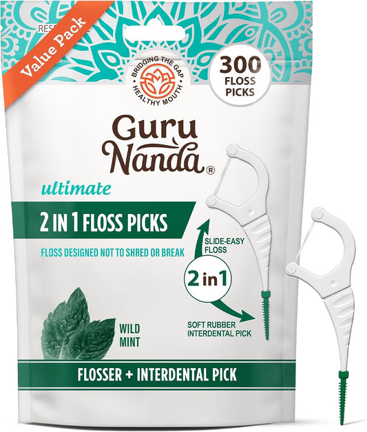 GuruNanda Dental Floss Picks, 2 in 1 Interdental Pick for Braces, 300ct