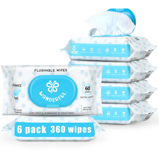 WONDERFUL Flushable Butt Wipes, Unscented 100% Plant-Based Wet Wipes for Adults & Kids, Sewer & Septic Safe, Gentle & Soft, Wipes Flushable Pack for Bathroom & Travel, 6-Pack (360 Count)