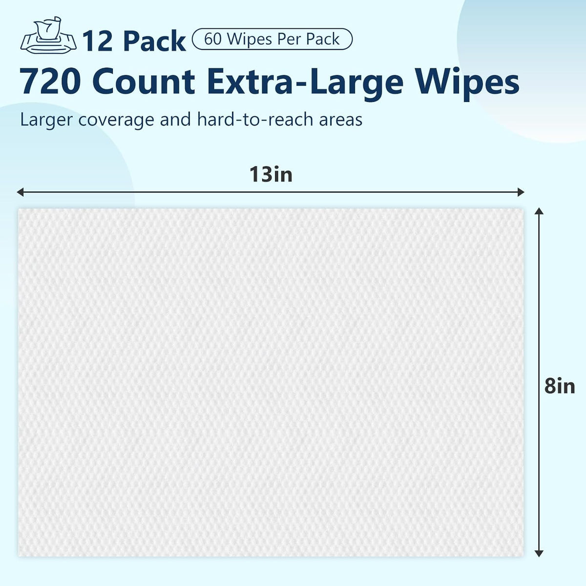 Adult Wipes for Elderly - 720 Count Extra Large 8"x13" Disposable Washcloths Rinse Free Bathing Wipes for Incontinence & Bedridden Care - Thick, Soft & Unscented with Aloe & Vitamin E (12 Packs of 60)