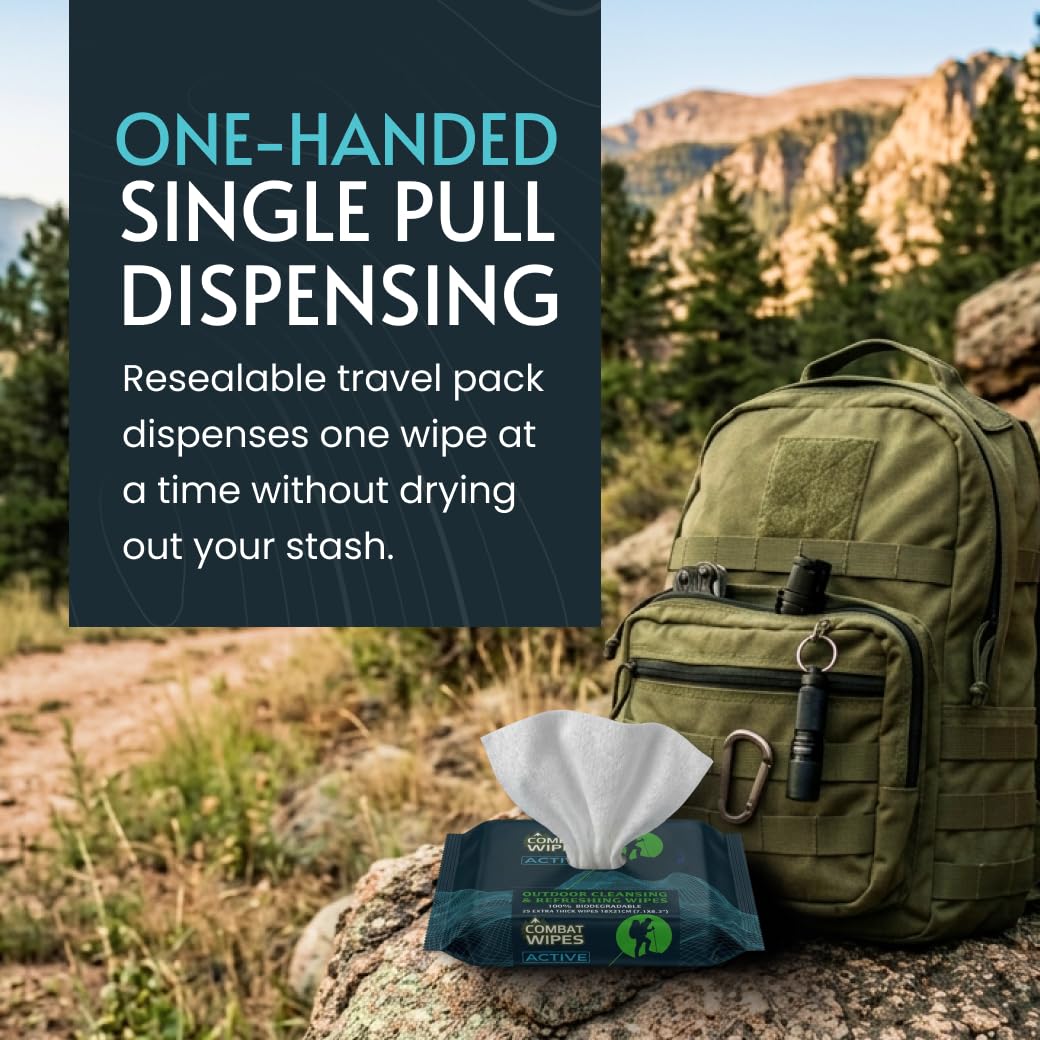 Combat Wipes ACTIVE Outdoor 2-Pack Wet Wipes - Extra Thick Camping Gear, Biodegradable, Body & Hand Cleansing/Refreshing Cloths for Backpacking & Gym w/Natural Aloe & Vitamin E, 50 Ct (25x2 pack)