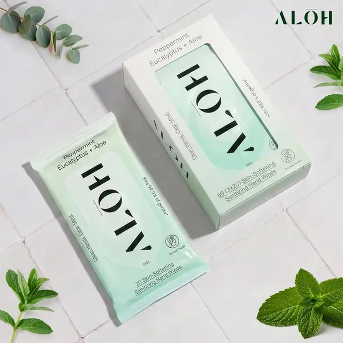 ALŌH Peppermint Eucalyptus + Aloe Hand Sanitizer Wipes, Travel Size