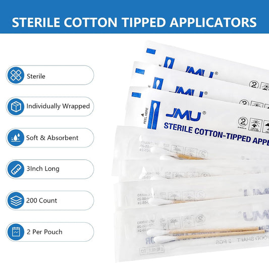 JMU Sterile Cotton Tipped Applicators 3", 200 Count Sterile Cotton Swabs