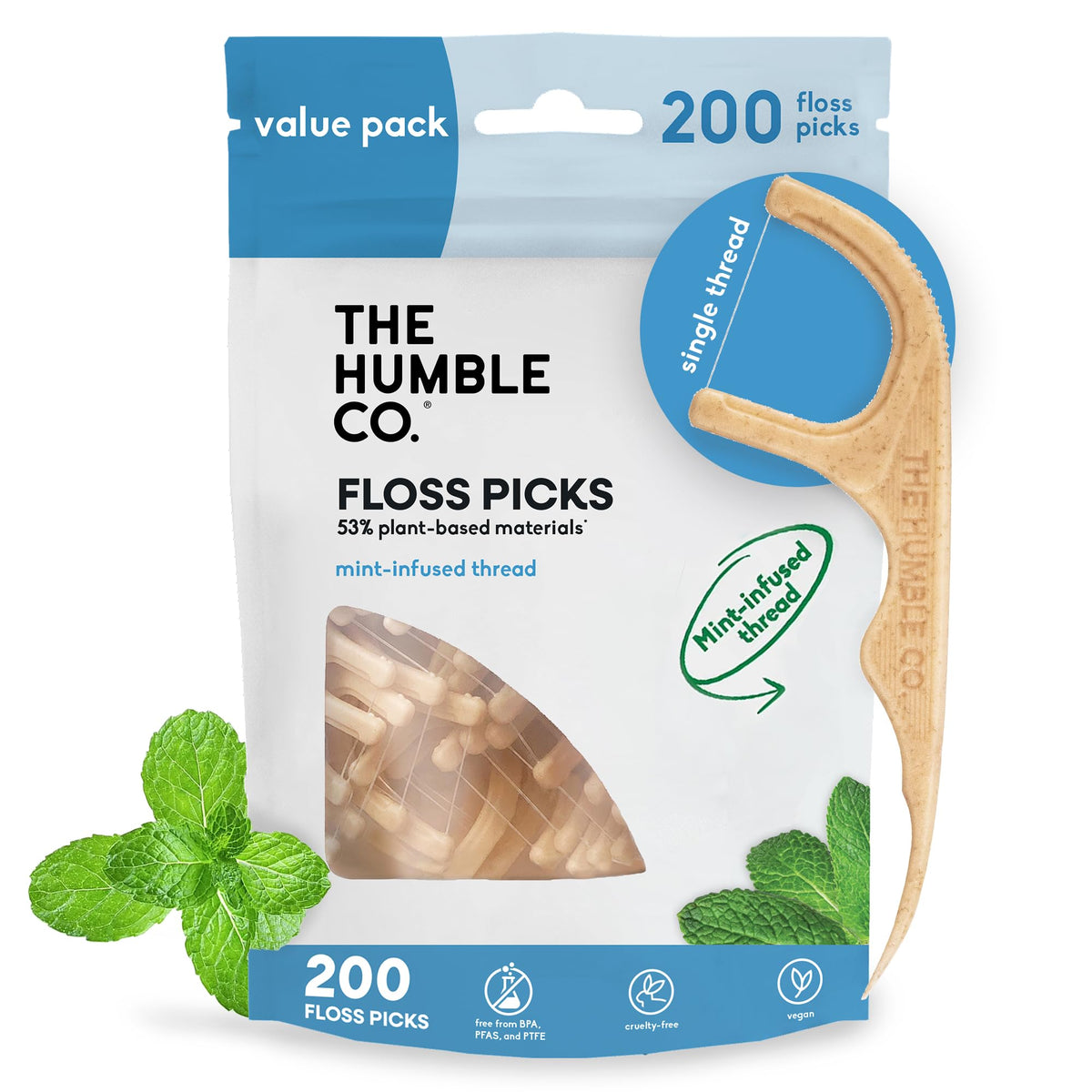 The Humble Co. Dental Floss Picks, Double Thread, Mint (200 Count)
