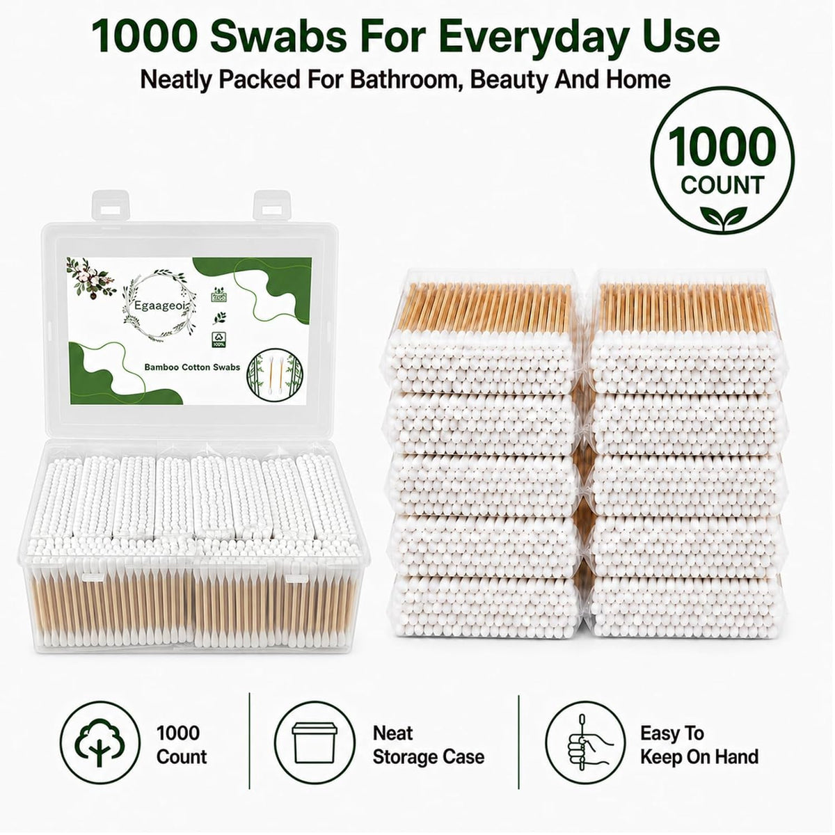 Egaageoi Bamboo Cotton Swabs 1000 Count, Organic Buds for Ear Cleaning