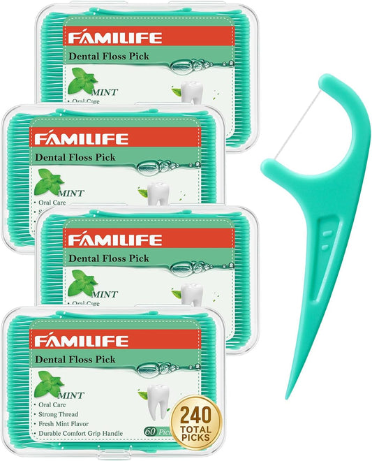 FAMILIFE Floss Picks, 240 Count Mint Dental Floss Picks with 4 Travel Cases