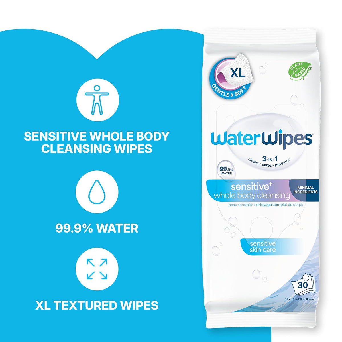 WaterWipes Sensitive Whole Body Cleansing Wipes, 99.9% Purified Water, XL Textured Wipes, Incontinence Care, Fragrance Free, 180 Count