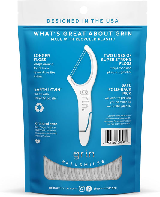 GRIN Double Flosspyx, Floss Picks, 75 Count, Dental Flossers, Minty Flavor, Recycled Plastic, 2 Lines of Strong Floss, Longer Floss Head, Traps Food and Plaque, Includes Safe Soft Fold-Back Tooth Pick
