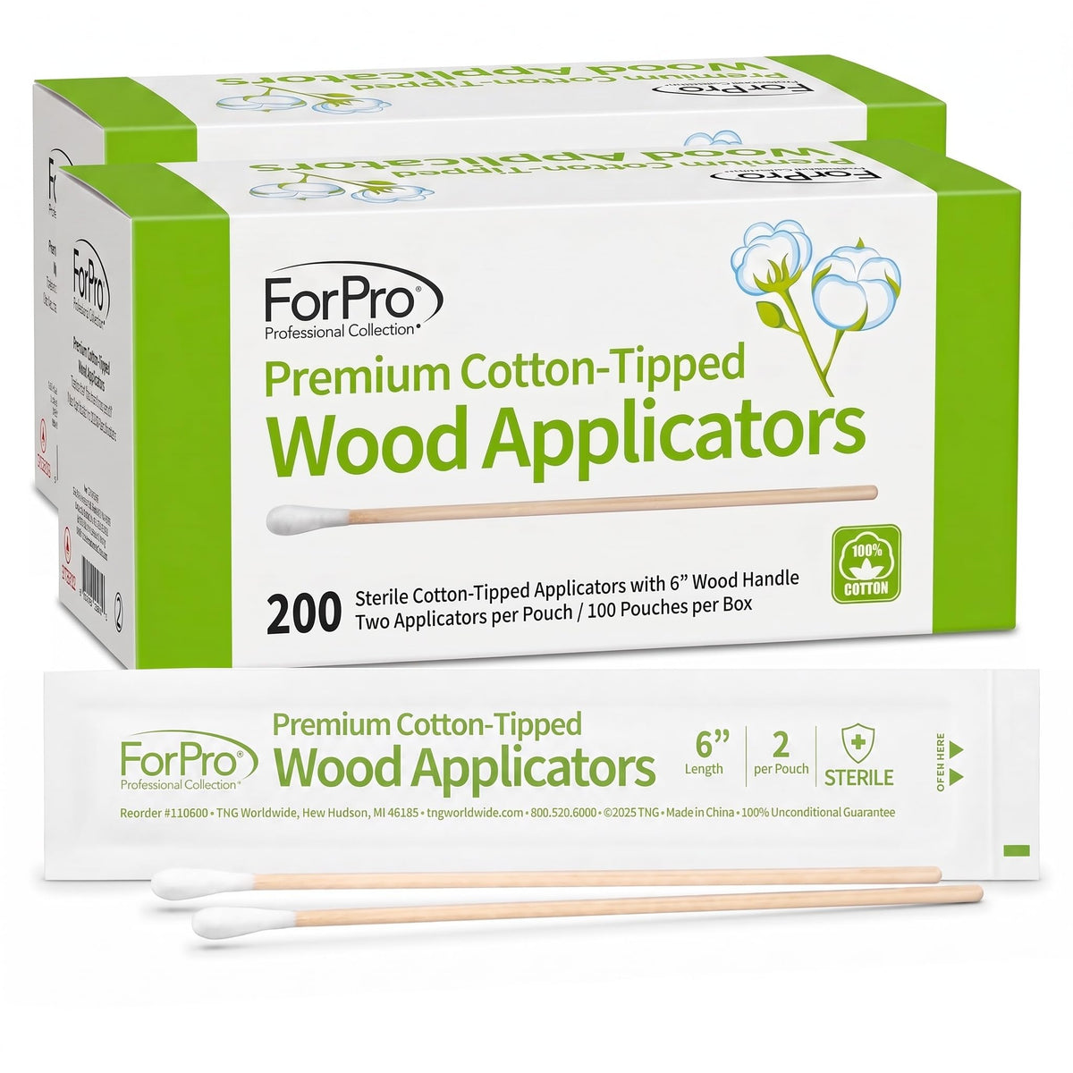 ForPro Premium Cotton-Tipped Wood Applicators, 200ct