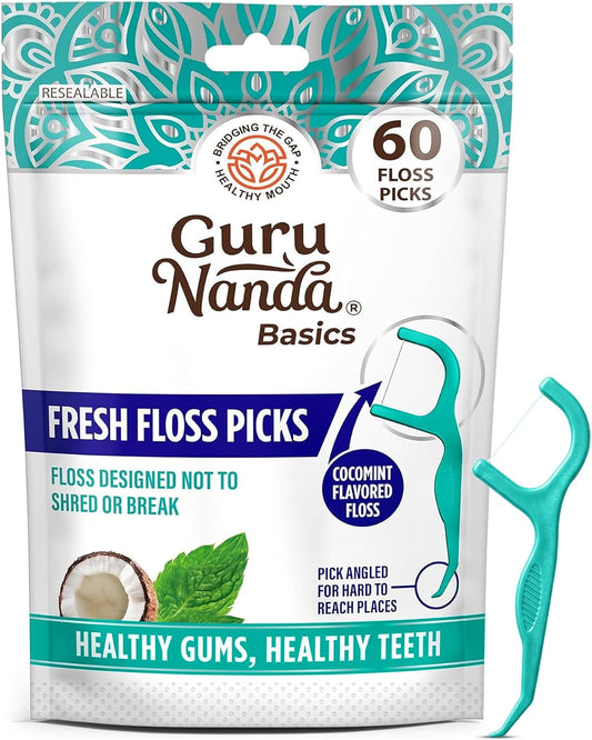 GuruNanda Fresh Dental Floss Picks with Angled Toothpick, Cocomint, 60 ct