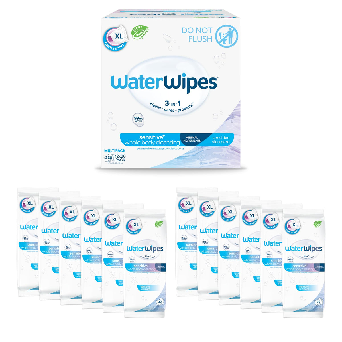 WaterWipes Sensitive Whole Body Cleansing Wipes, 99.9% Purified Water, XL Textured Wipes, Incontinence Care, Fragrance Free, 180 Count