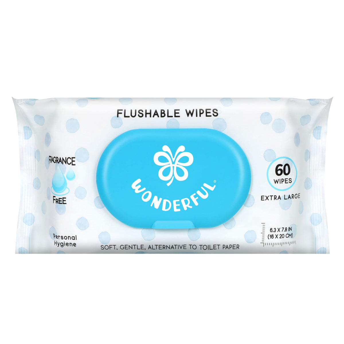WONDERFUL Flushable Butt Wipes, Unscented 100% Plant-Based Wet Wipes for Adults & Kids, Sewer & Septic Safe, Gentle & Soft, Wipes Flushable Pack for Bathroom & Travel, 6-Pack (360 Count)