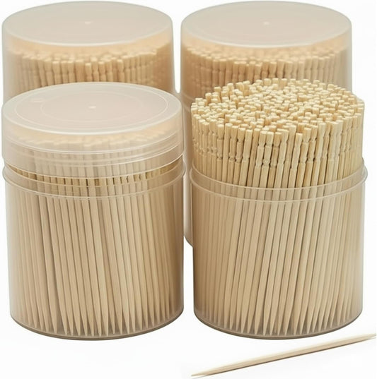 Traditional Single Point Disposable Wooden Toothpicks for Food, Made from Bamboo Wood, Bulk (2,000), 500 per, 4 Containers