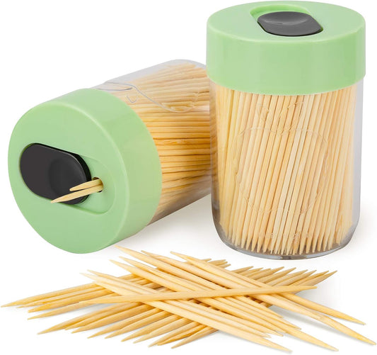 Sturdy Toothpick Holder with 800 Natural Toothpicks Wooden 2Pack Green
