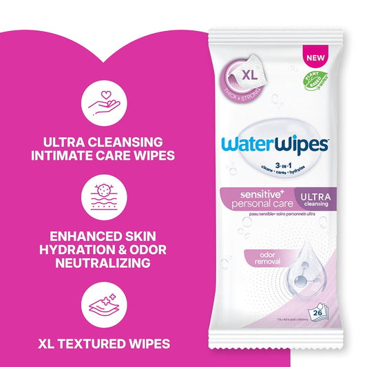 WaterWipes Sensitive Personal Care Ultra, Incontinence Wipes, Odor Removal, Heavy Duty XL Textured Wipes, Fragrance Free, 78 Count (3 Packs)