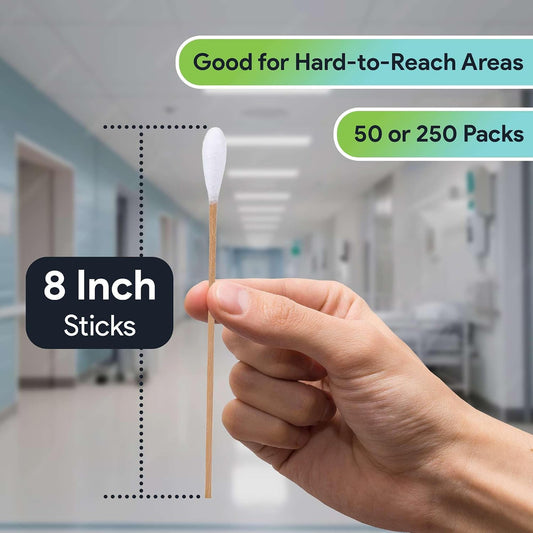 50 Biodegradable Long Cotton Swabs - 8 Inch Long Swabs for Ears - Made From Birchwood and 100% Cotton - Lint Free