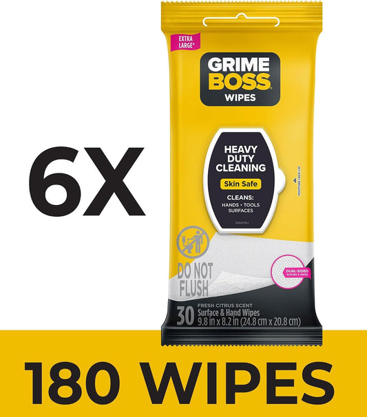 Grime Boss Heavy Duty Wipes (6 x 30ct) | Wet Wipes Used for Hands, Equipment, Tools, Garden, Automotive| Easily Removes Oil, Grease, & Dirt