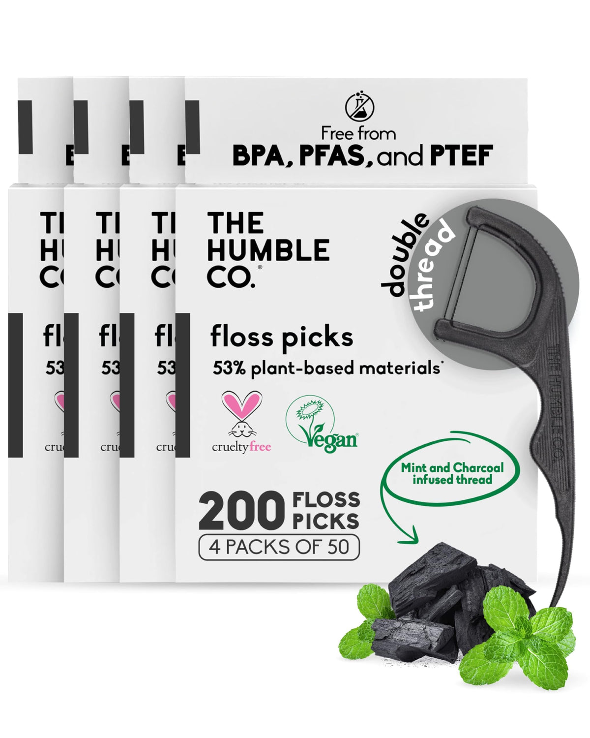 The Humble Co. Dental Floss Picks, Double Thread, Mint (200 Count)