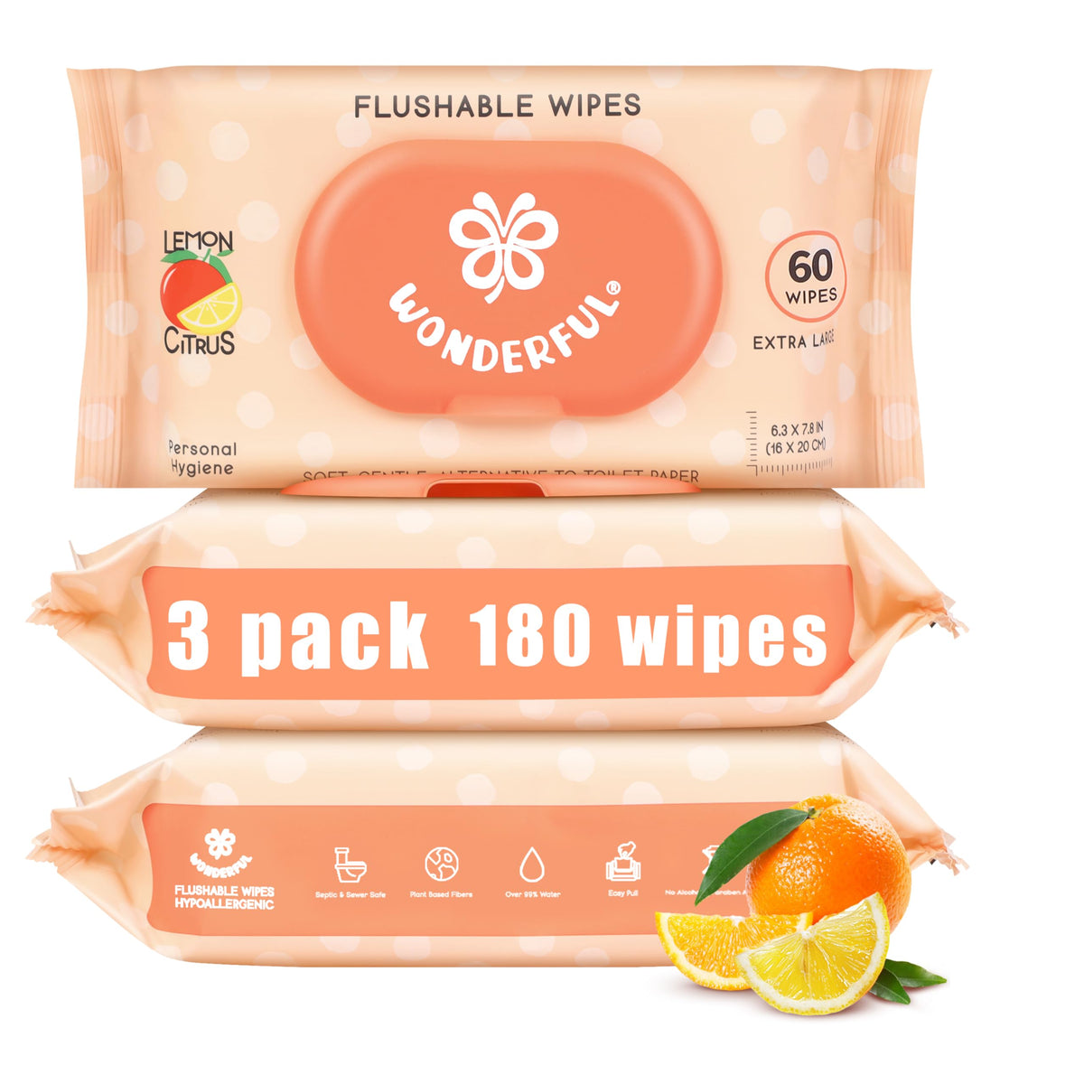 WONDERFUL Flushable Butt Wipes, Unscented 100% Plant-Based Wet Wipes for Adults & Kids, Sewer & Septic Safe, Gentle & Soft, Wipes Flushable Pack for Bathroom & Travel, 6-Pack (360 Count)