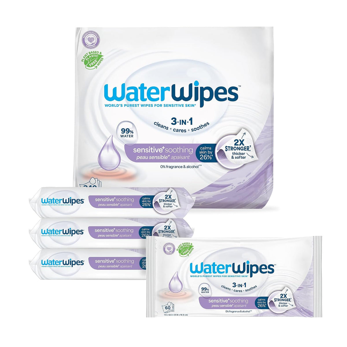 WaterWipes Sensitive+ Soothing Wipes, 3-In-1 Cleans, Cares, Soothes, 99% Water with Botanical Extract, Unscented & Hypoallergenic Baby Wipes, 360 Count (6 Packs)