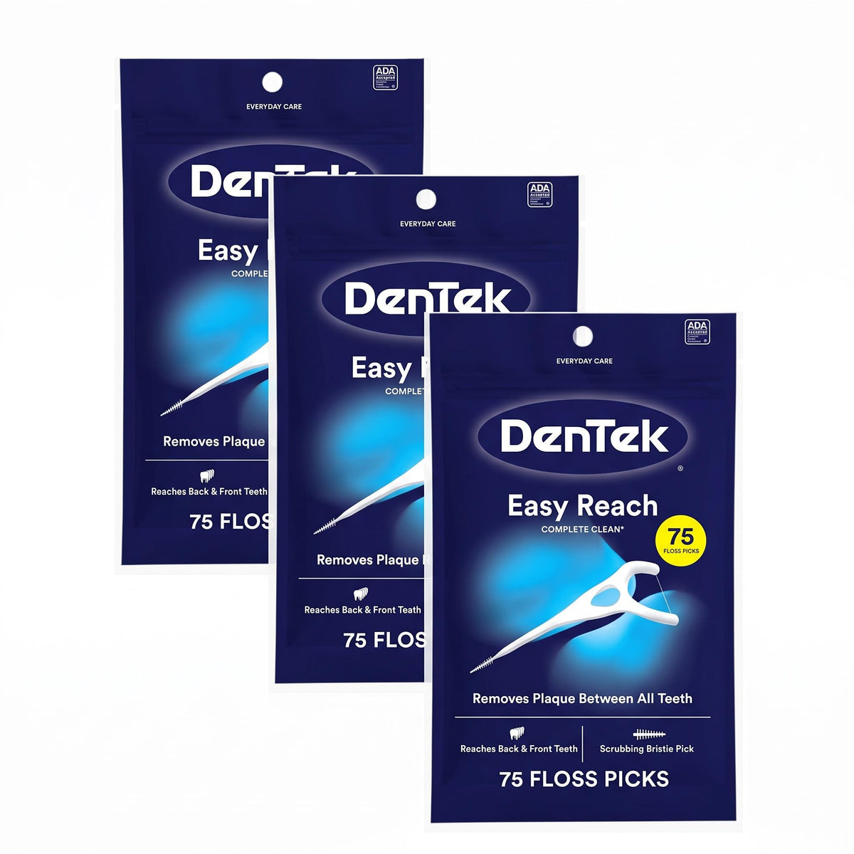 Dentek Floss Picks, Easy Reach for Complete Clean, 75 Count, Pack of 3