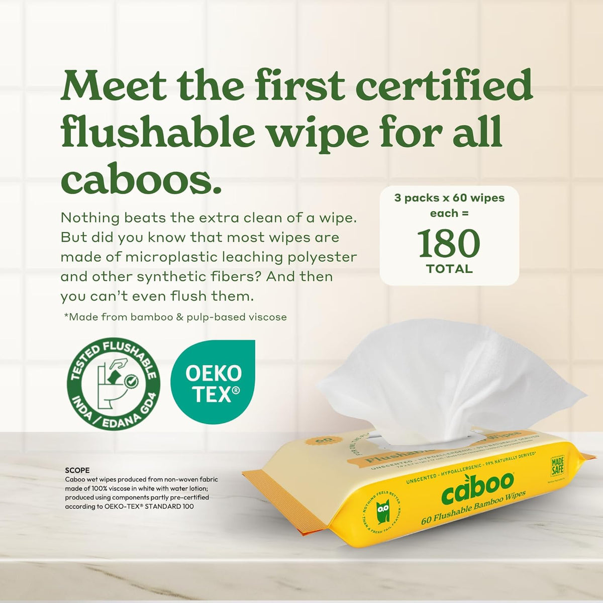 Caboo Tree Free Flushable Wipes, Septic Safe, 180 Wipes