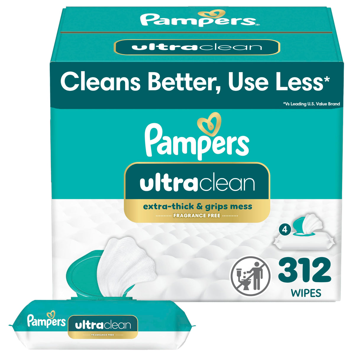 Pampers Ultraclean Baby Wipes, Unscented, Fragrance Free, Water Based, Hypoallergenic, Extra Thick & Grips Mess, 100% Plant Based, 624 Wipes Total (8X Flip-Top Packs)