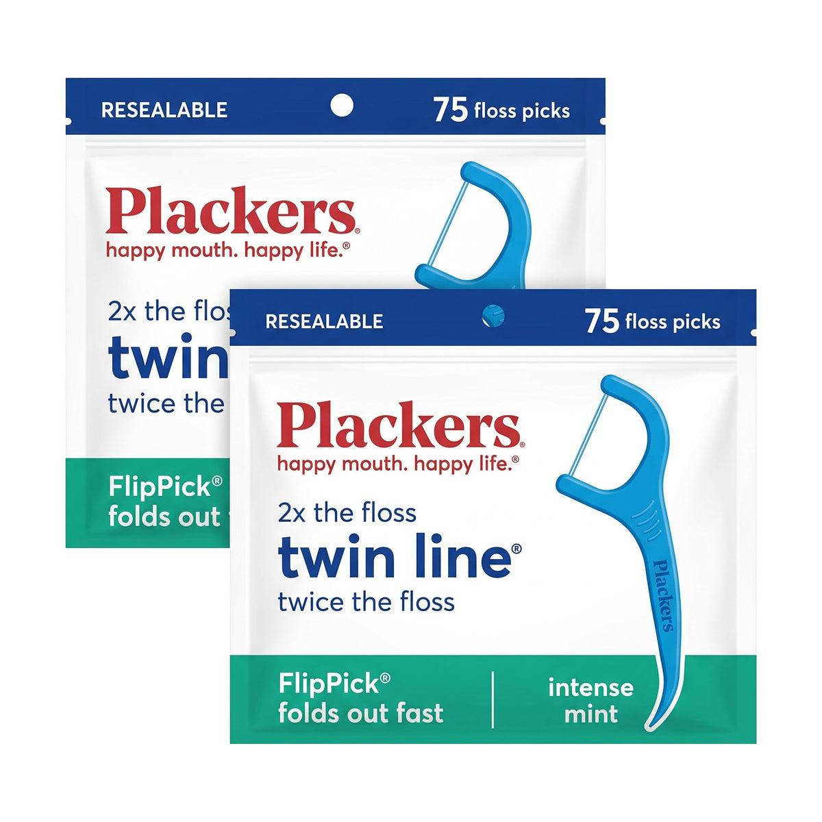 Plackers Twin Line Floss Picks, Intense Mint, 75 Count