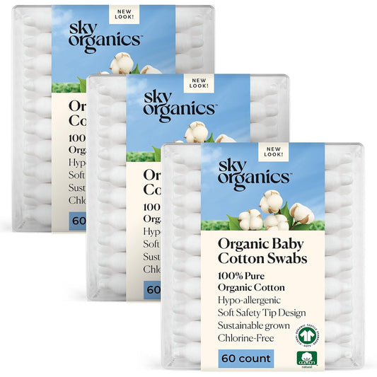 Sky Organics Organic Baby Cotton Swabs 180ct, Baby Safe Tips, Chlorine-Free