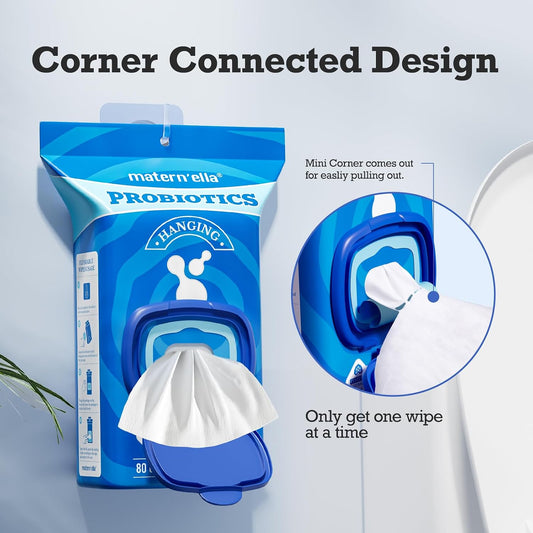 matern'ella Hanging Flushable Wipes Unscented Extra Large Corner-Connected Wet Wipes Adult Plant Based Fibers with Probiotics Alcohol Free Sewer Safe Butt Wipe Travel 8 Packs of 80 Wipes