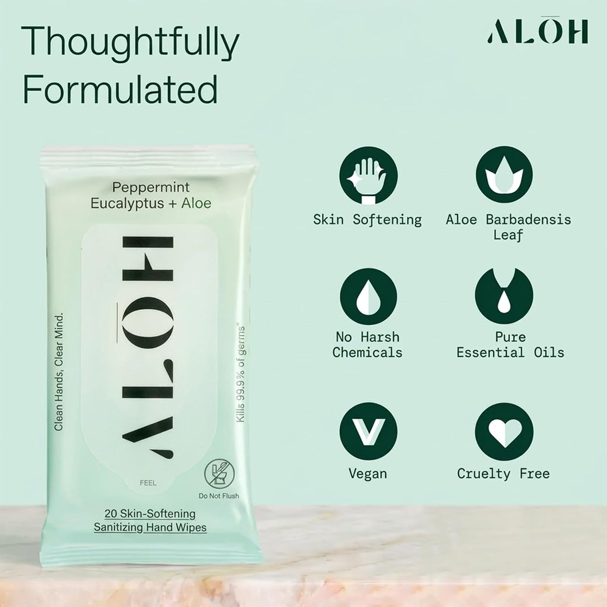 ALŌH Peppermint Eucalyptus + Aloe Hand Sanitizer Wipes, Travel Size