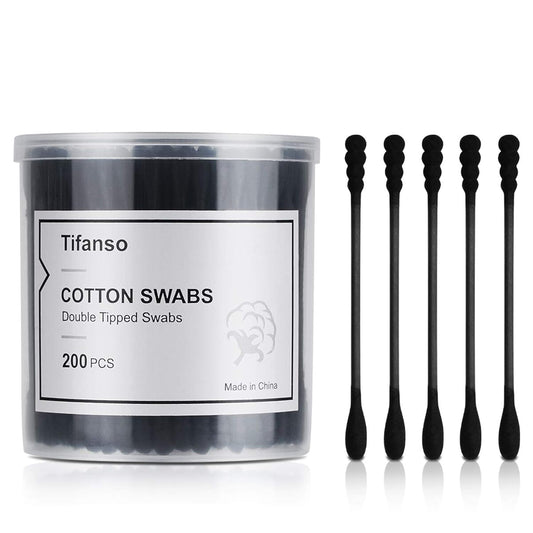 tifanso 200 Count Black Double Tipped Cotton Swabs, Hypoallergenic Natural