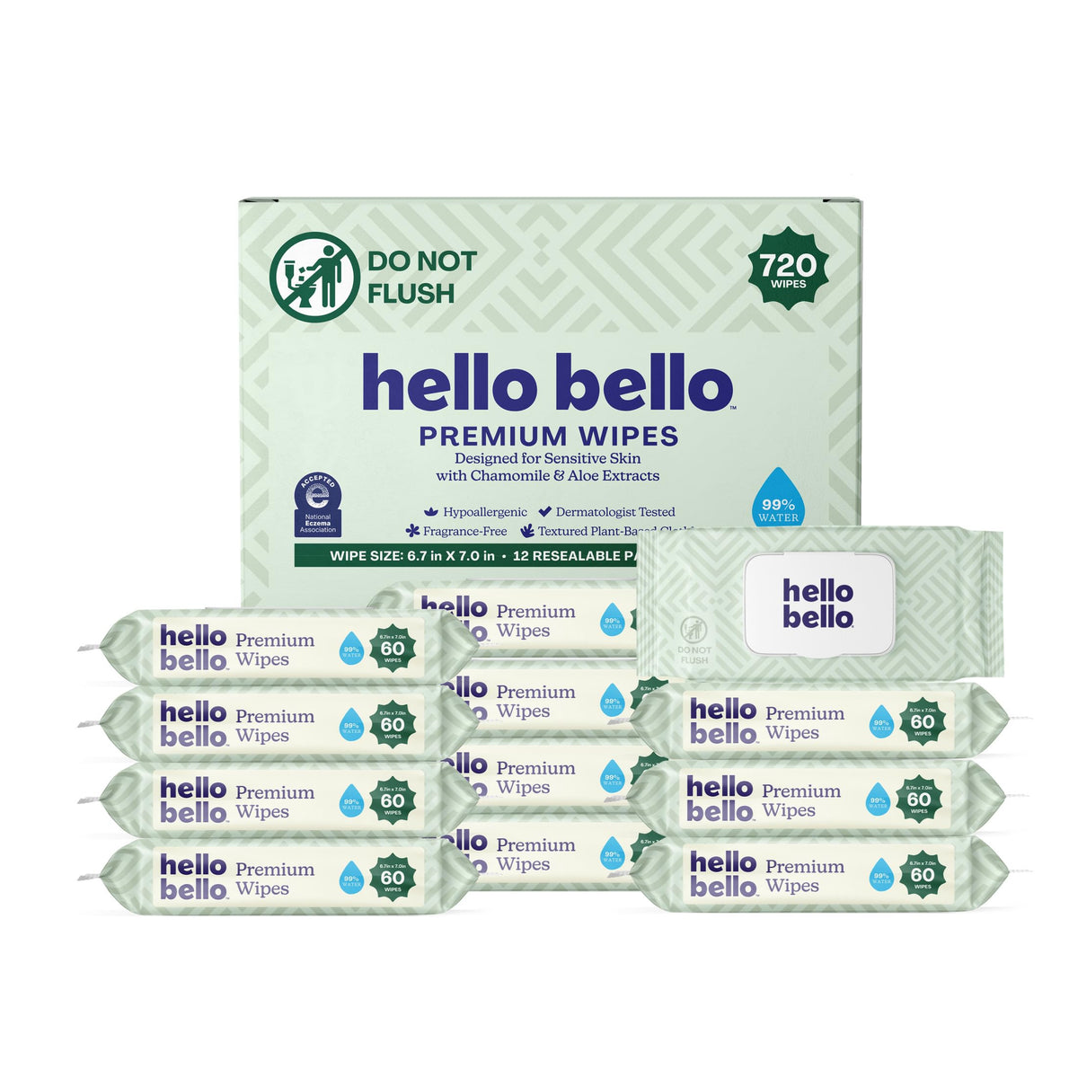 Hello Bello Premium Baby Wipes (Simply Sage) Fragrance-Free 12pk = 720ct