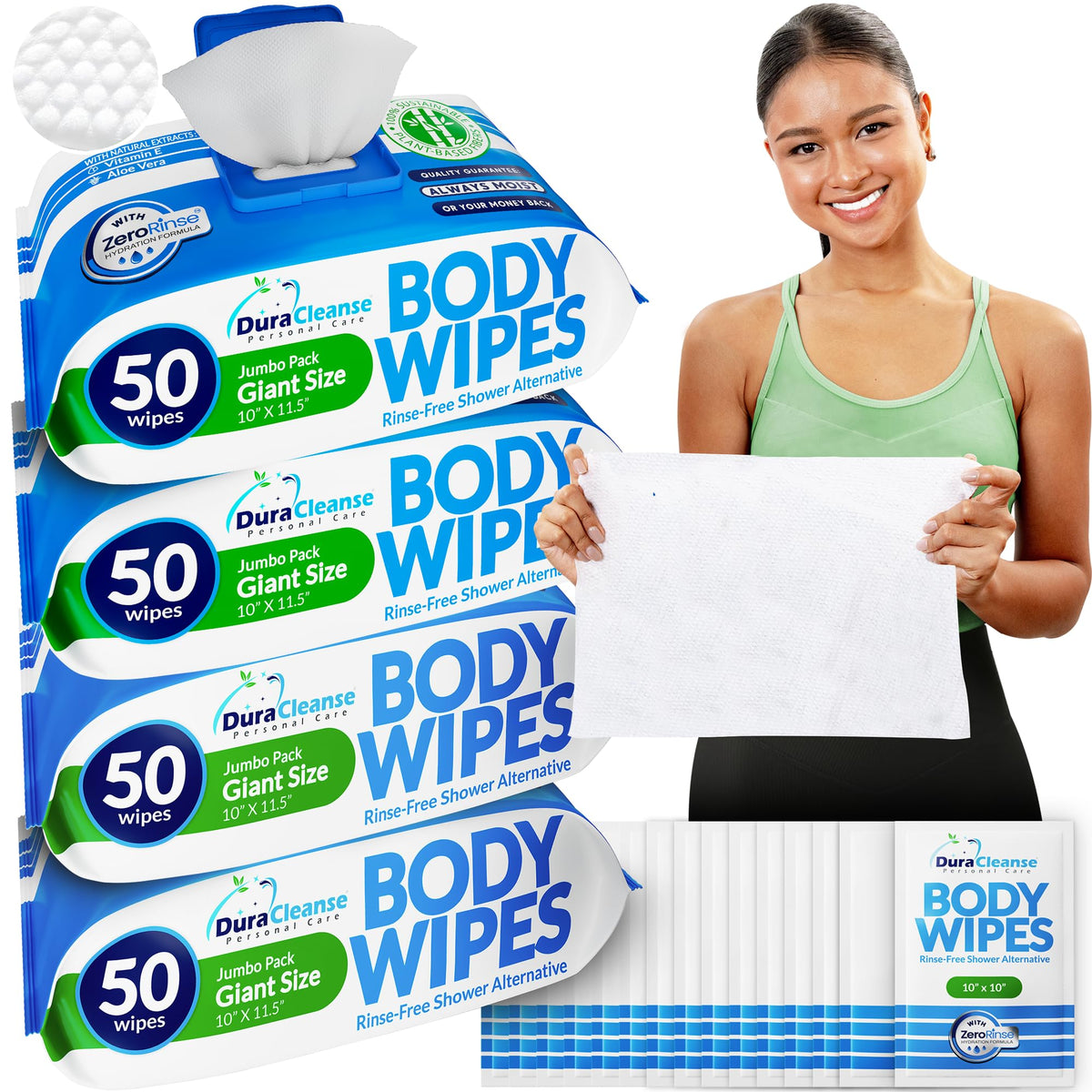 Body Wipes for Women - Gentle - No Rinse Bathing Wipes - 50 Ct + 4 Travel