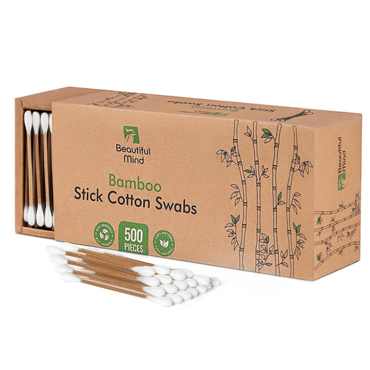 Bamboo Cotton Swabs 500 Pack - Natural Swabs for Ears, Makeup & Cleaning - Carbonized Bamboo Sticks with Soft Buds - Travel Size Tips - Precision Ear Cleaner Swabs