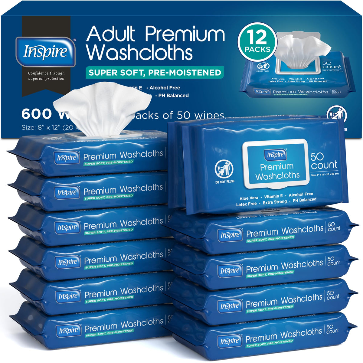 Inspire Adult Wet Wipes, Wash Cloths, Incontinence & Cleansing for Elderly Extra Large, 8"x12" (Pack of 8)