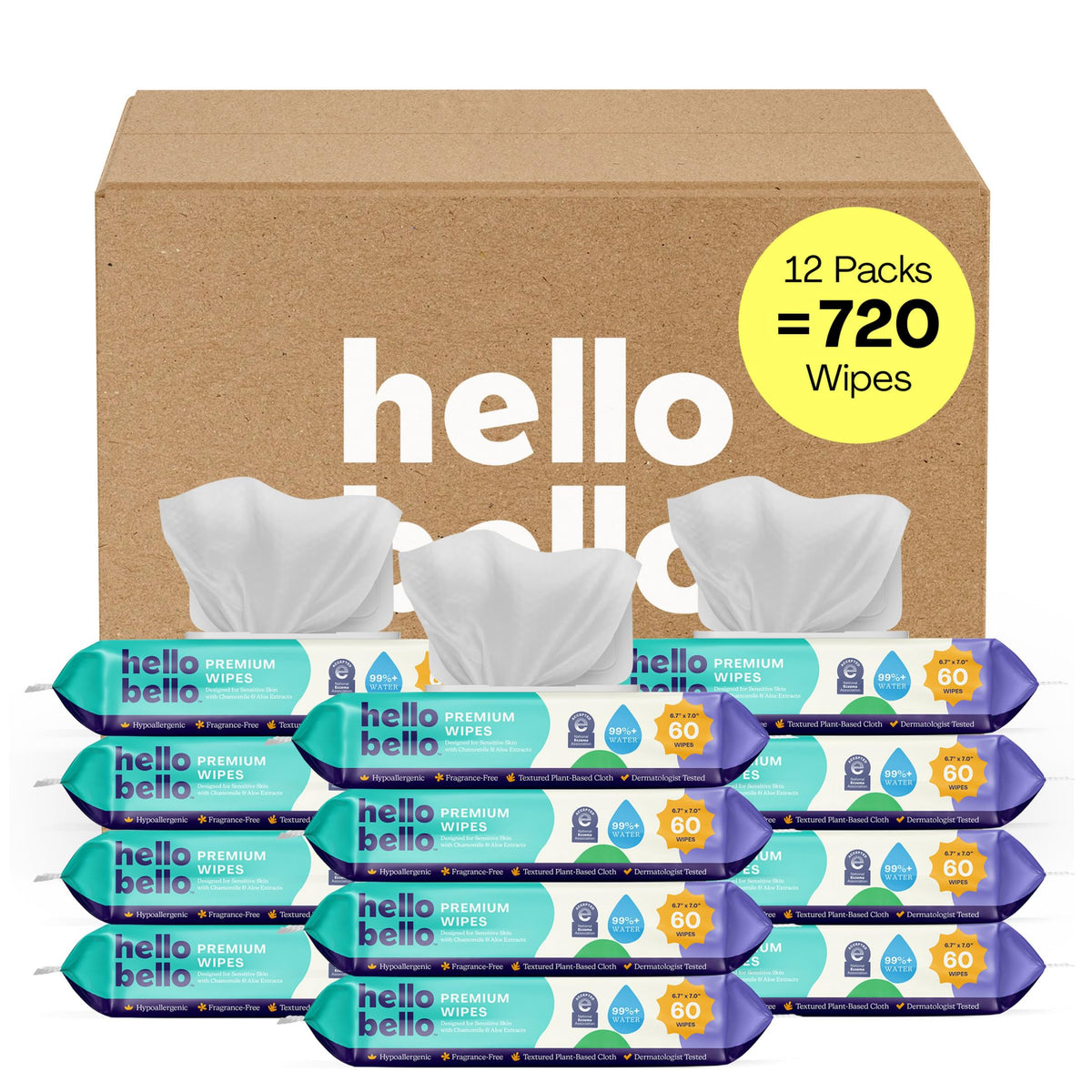 Hello Bello Premium Baby Wipes (Simply Sage) Fragrance-Free 12pk = 720ct
